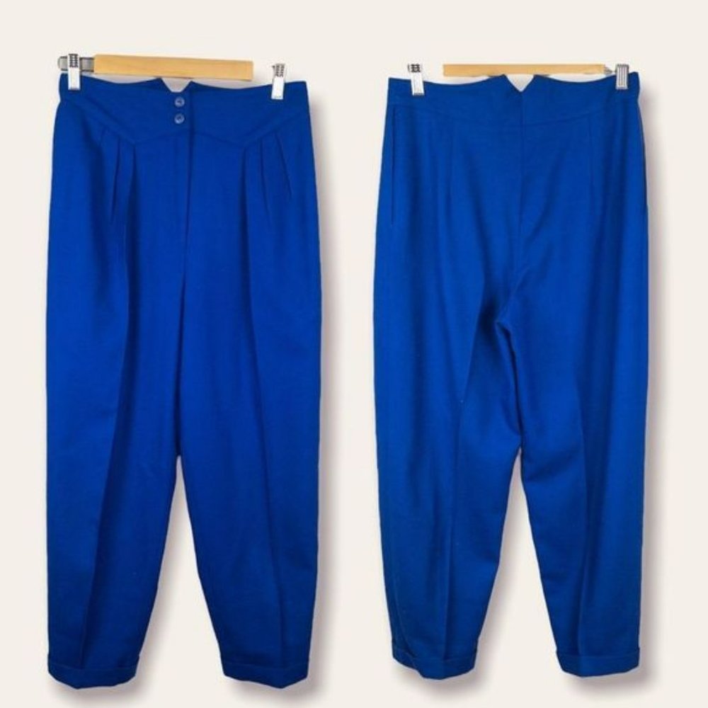 Vintage Jeremy Scott Cobalt Blue Virgin Wool Trousers Size 8 Pleated High Waist